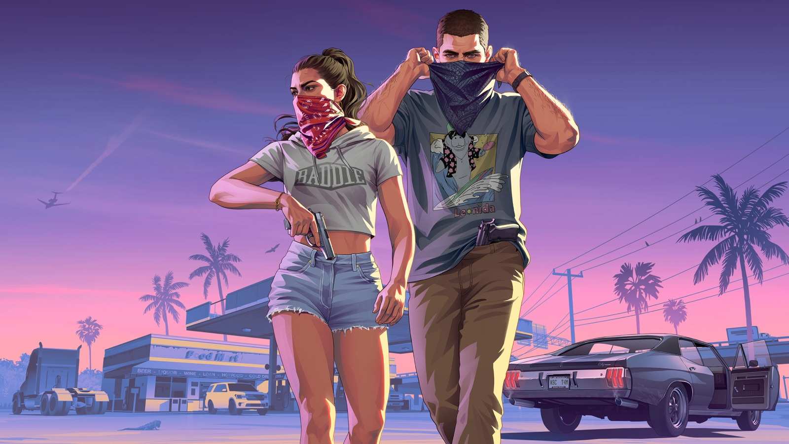 Official artwork for GTA 6's extended gameplay look: Lucia and Jason walking away from a gas station