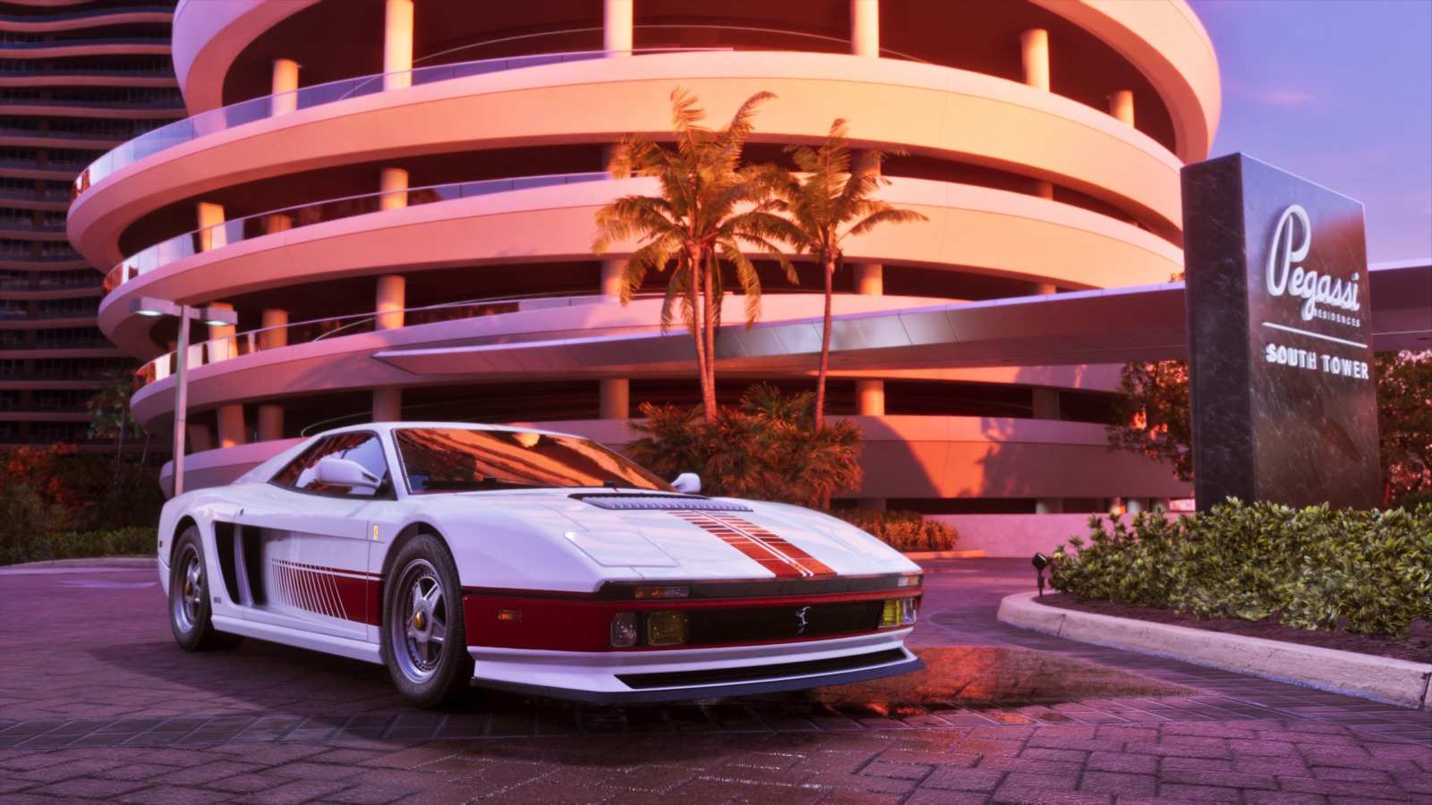 The '95 Grotti Cheetah, an Ultimate Edition car, parked outside the Pegasus building