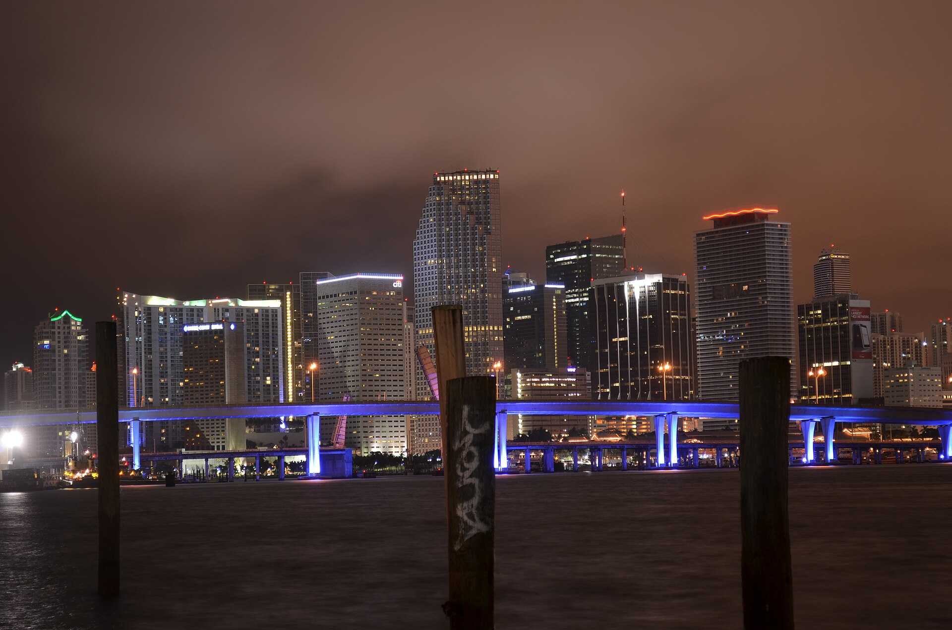 Downtown Miami skyline at night across Biscayne Bay
