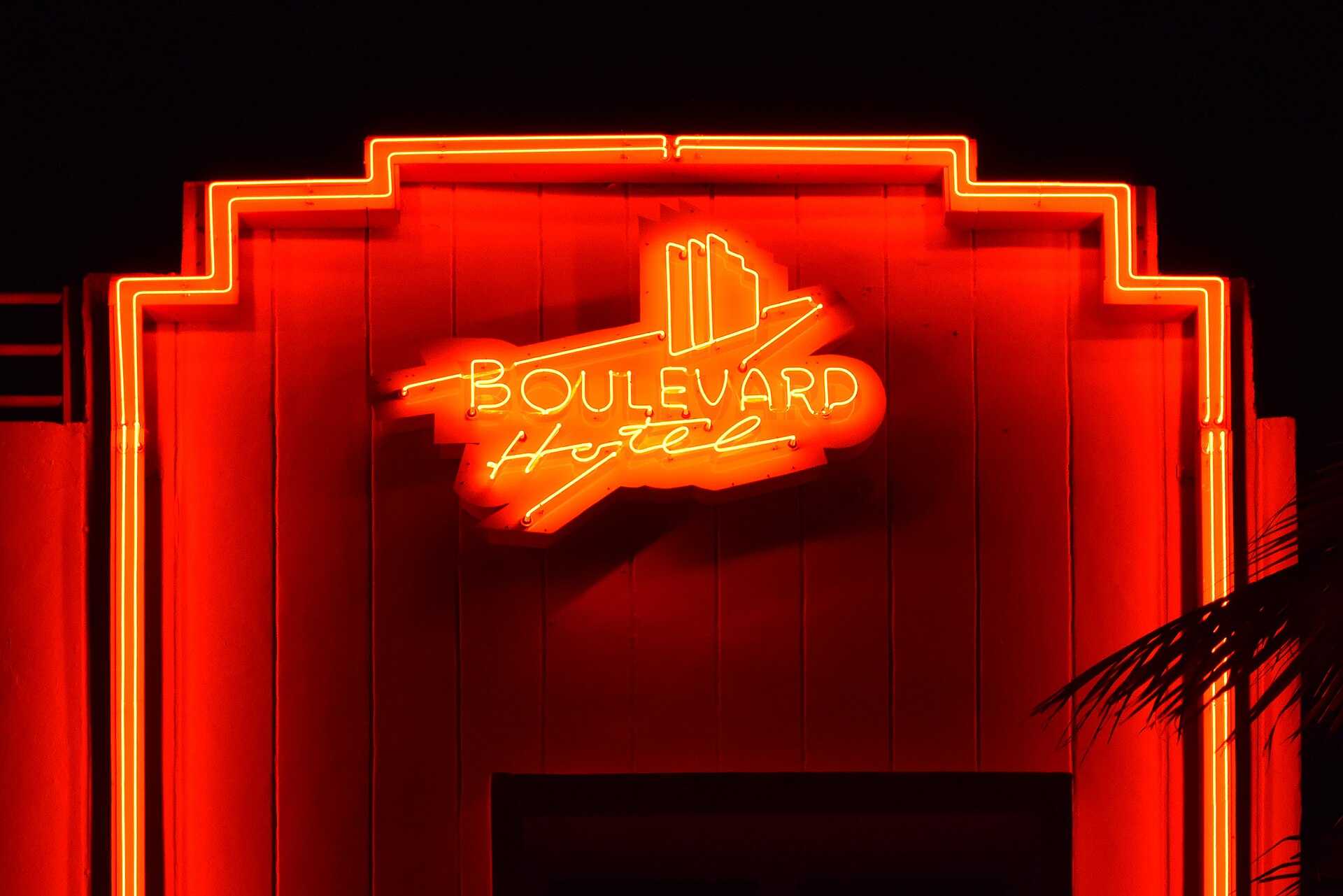Neon sign of the Boulevard Hotel on Miami Beach