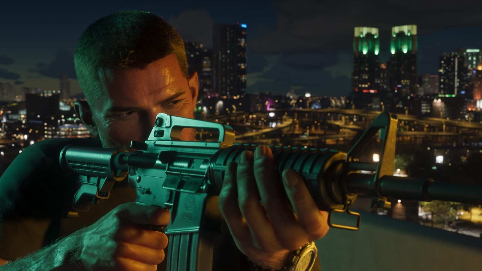 Jason aiming a rifle from a rooftop over the Vice City skyline at night