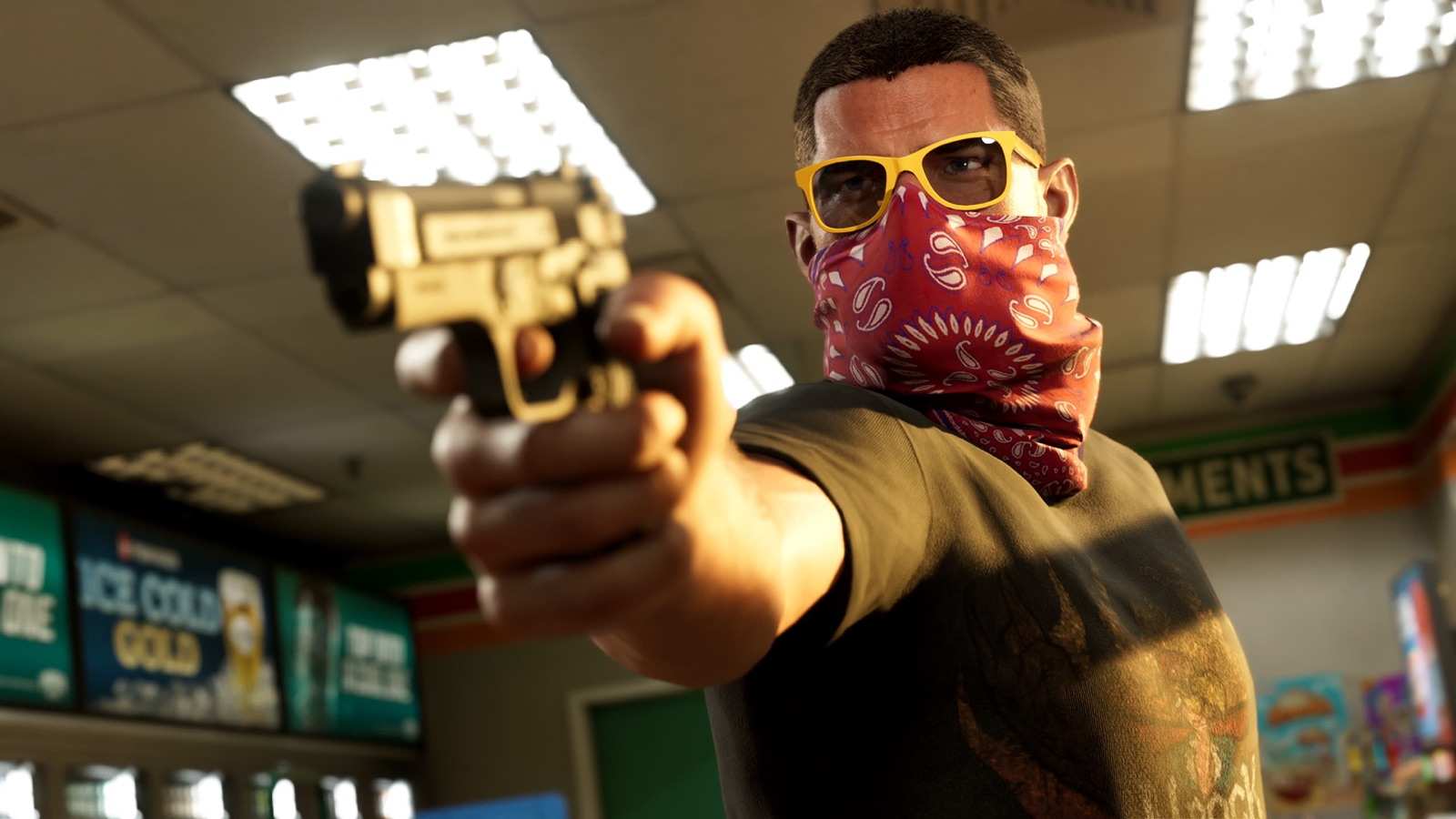 A masked robber in yellow sunglasses pointing a pistol in a convenience store
