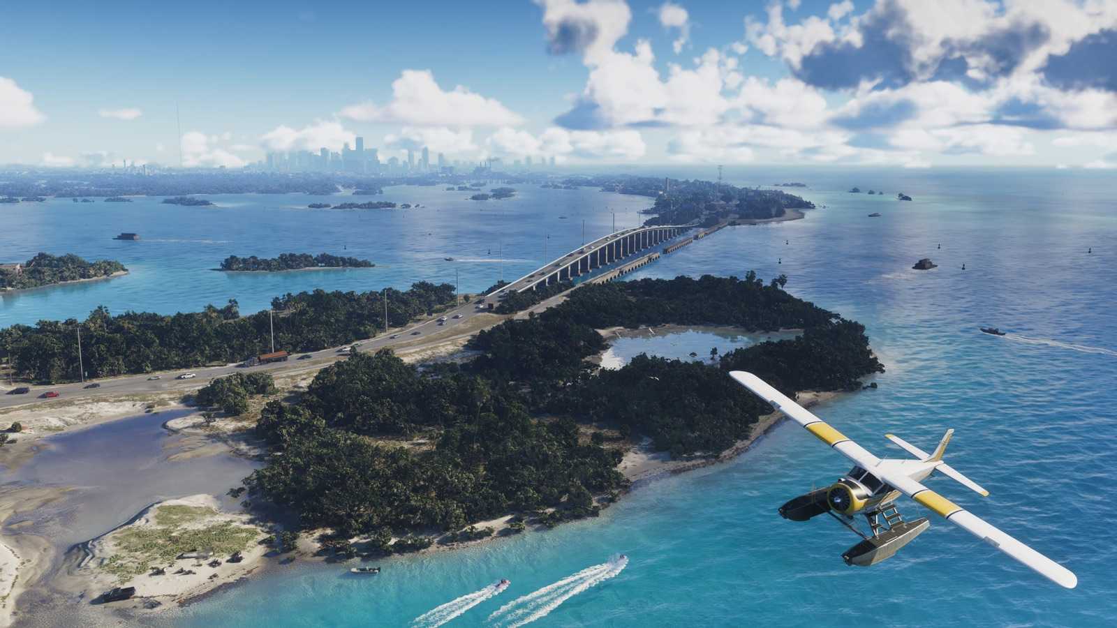 A seaplane flying over the Leonida Keys, with a bridge linking two islands
