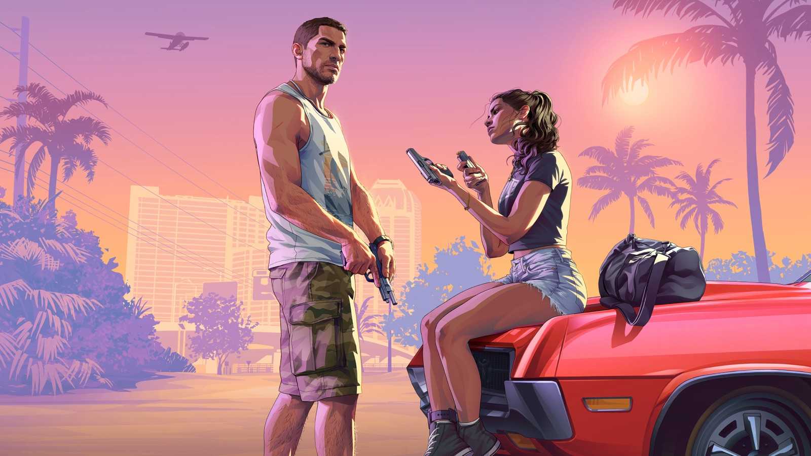 Official GTA 6 key art: Jason and Lucia by a red muscle car at sunset in Vice City