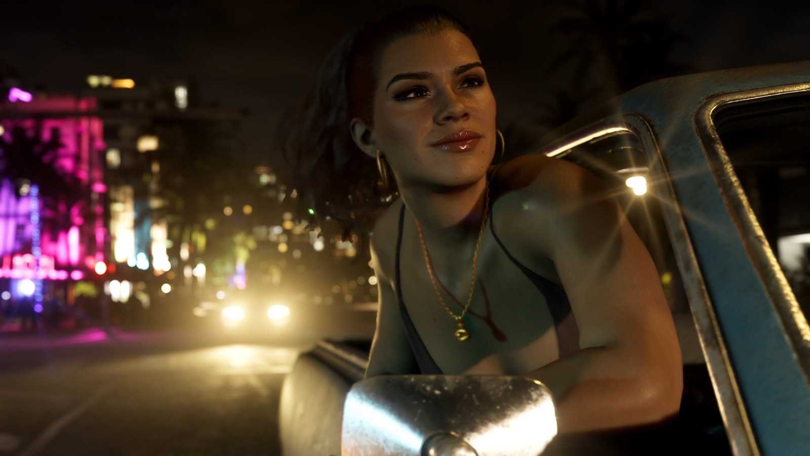 Lucia leaning out of a car window at night in Vice City