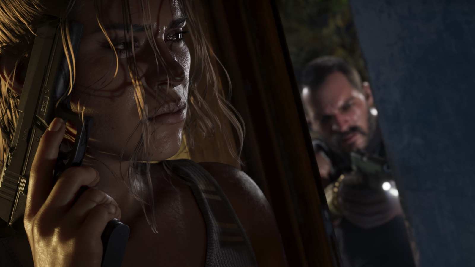 Lucia holding a handgun behind a door while a man points a gun through the gap