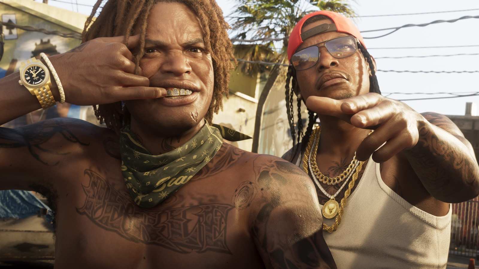 Two Vice City locals posing for the camera, one showing off a gold grill