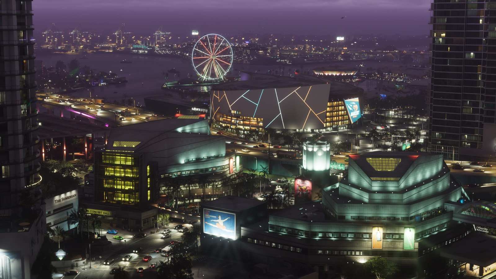 The Vice City skyline at night with a Ferris wheel and busy streets