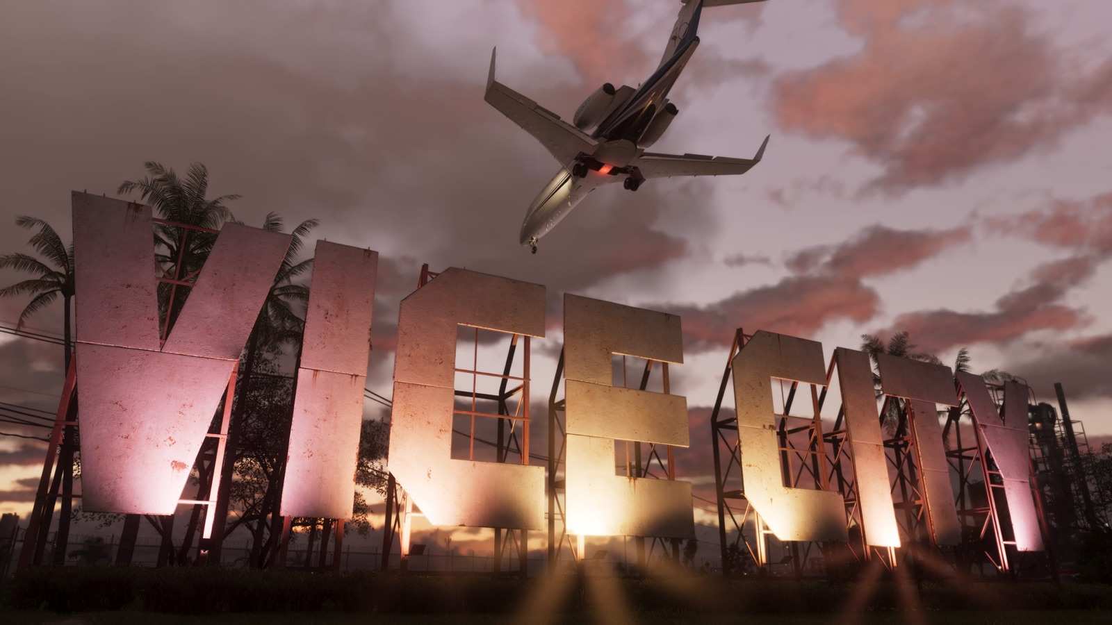 A jet flying low over the giant Vice City sign